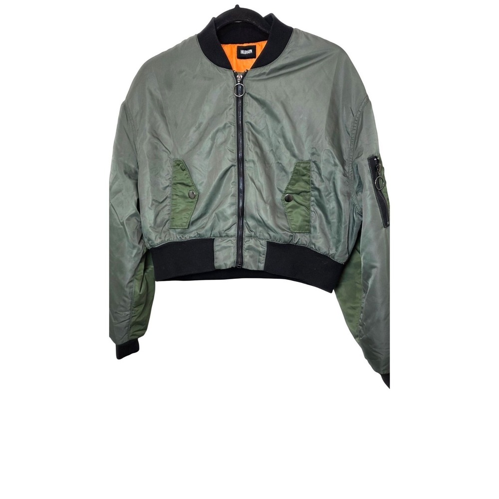 Hudson Cropped‎ Women's M Olive Green Bomber Jacket Orange Lining & Black Ribbed